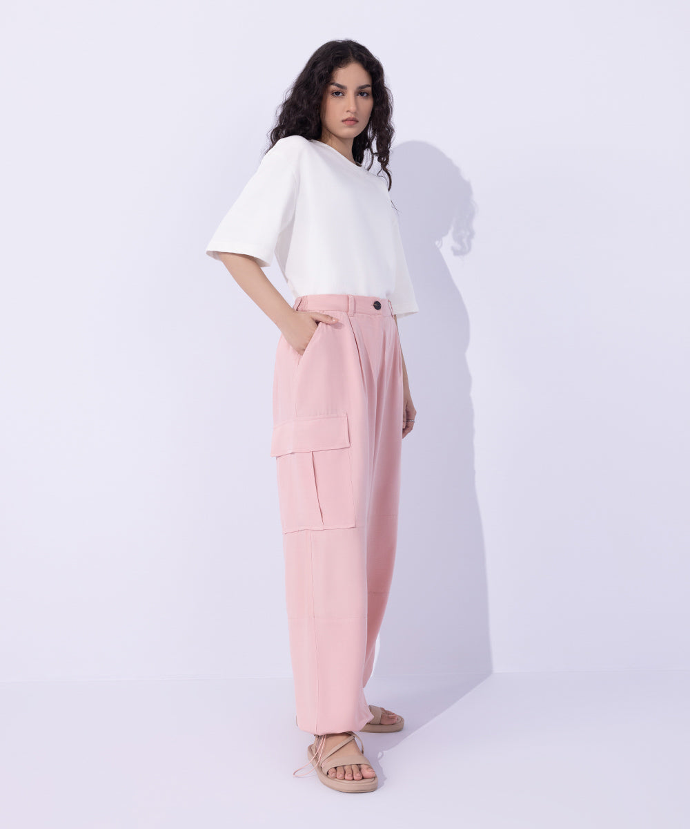 Women's Western Wear Pink Flowy Cargo Pants With Adjustable Hem.