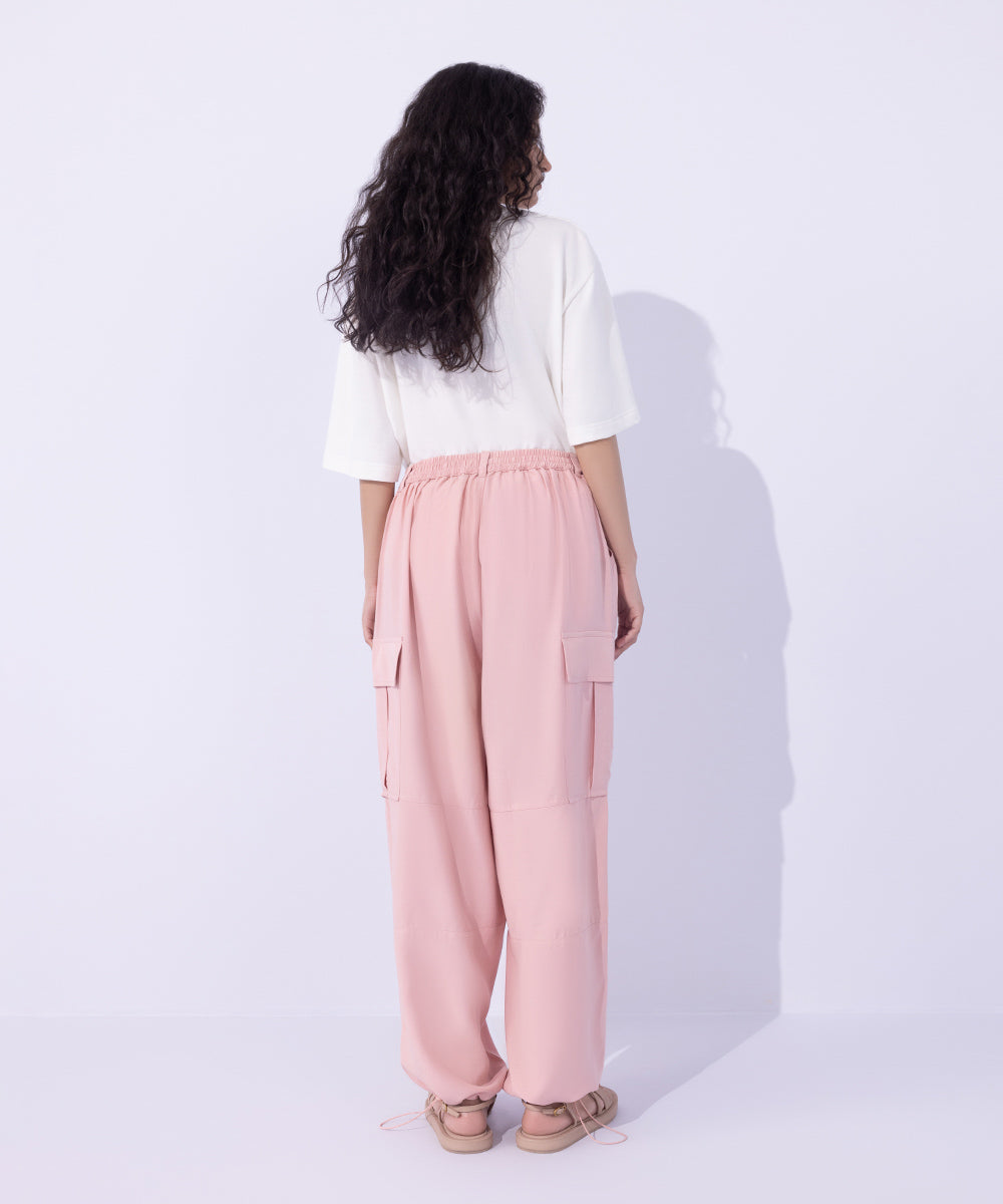 Women's Western Wear Pink Flowy Cargo Pants With Adjustable Hem.