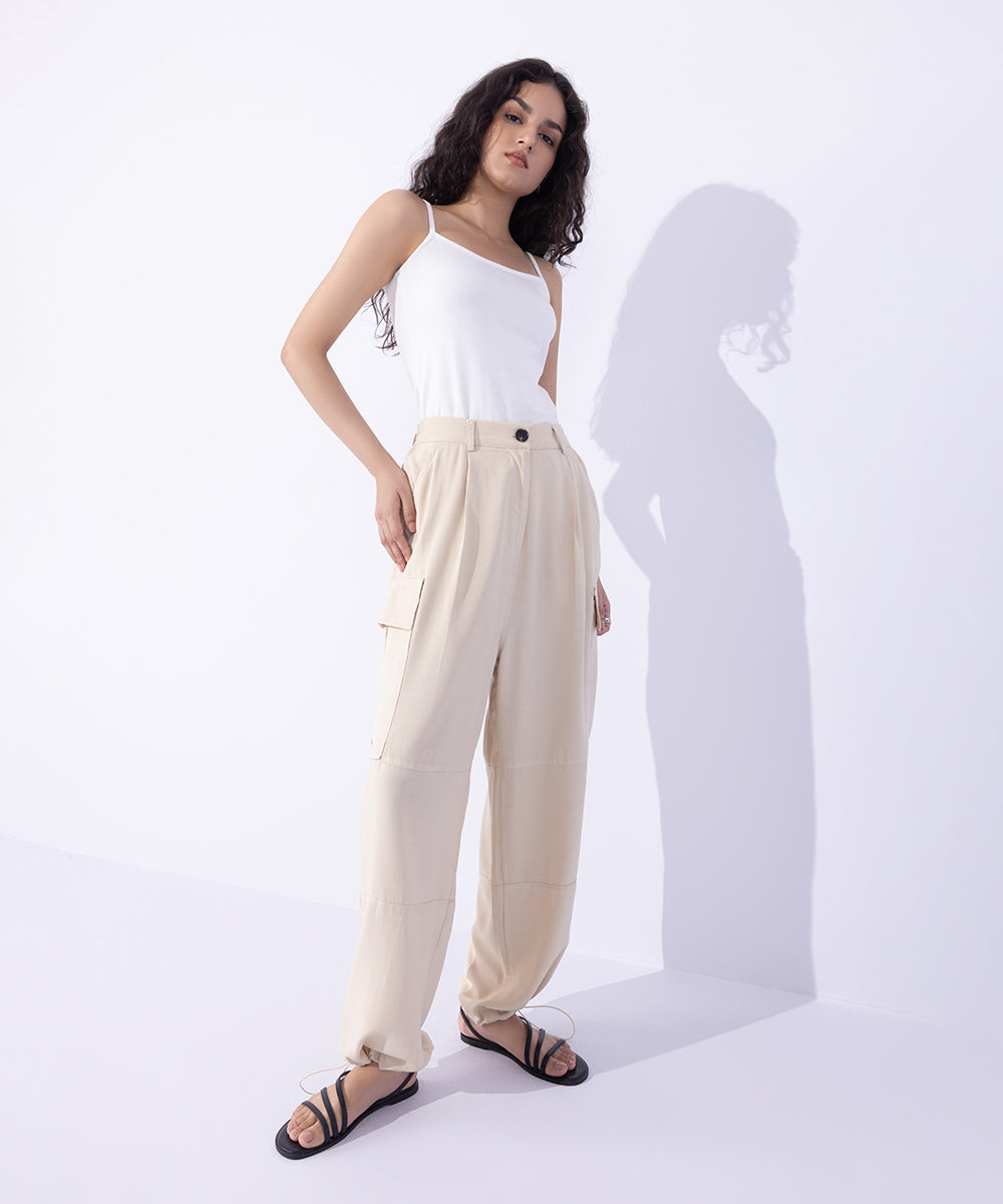 Women's Western Wear Beige Flowy Cargo Pants With Adjustable Hem.