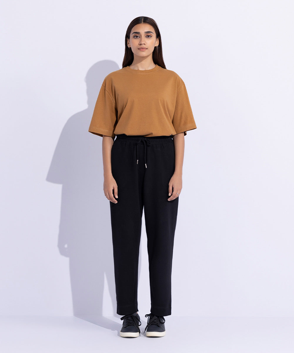 Women's Western Wear Black Straight Interlock Trousers