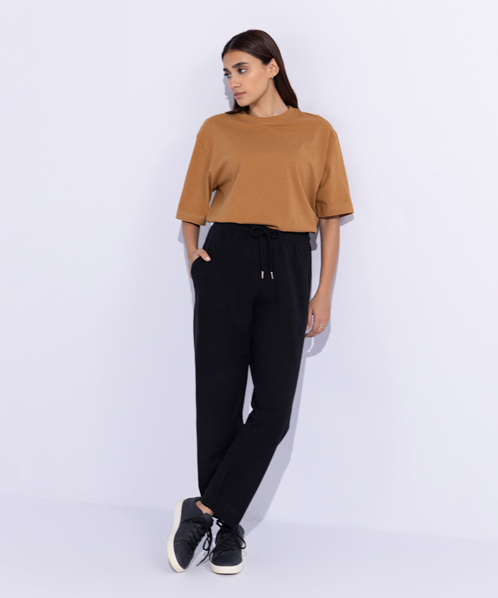 Women's Western Wear Black Straight Interlock Trousers