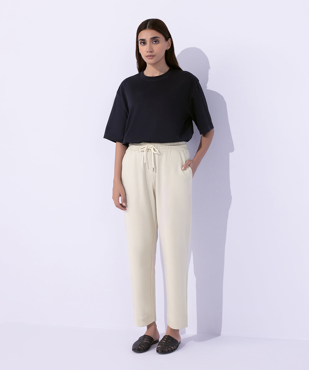 Women's Western Wear Beige Straight Interlock Trousers