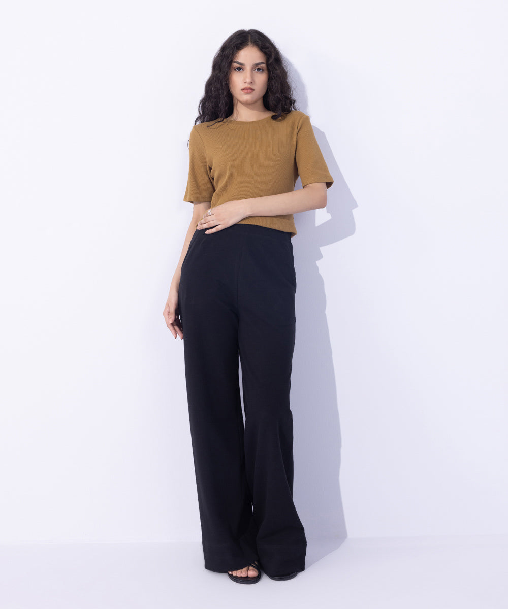 Women's Western Wear Black Wide Leg Terry Trousers.