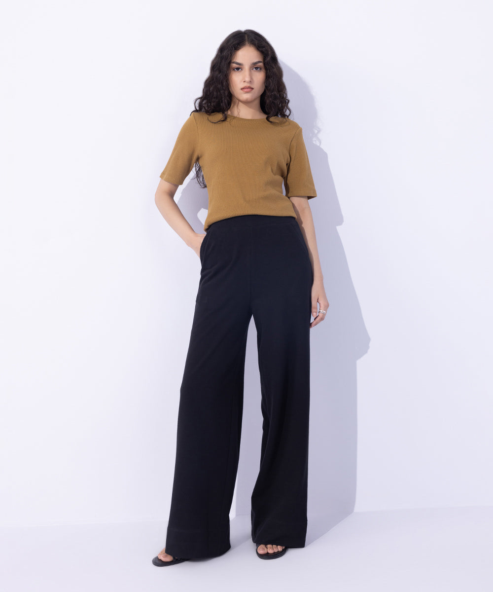 Women's Western Wear Black Wide Leg Terry Trousers.