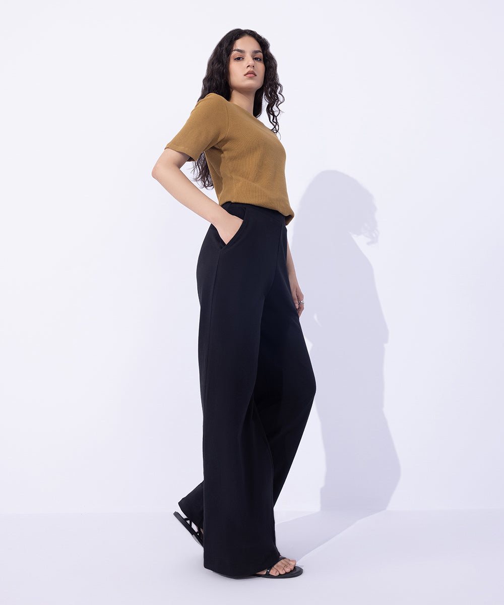 Women's Western Wear Black Wide Leg Terry Trousers.