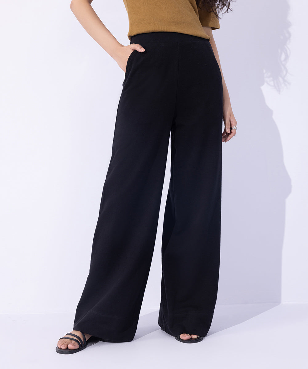 Women's Western Wear Black Wide Leg Terry Trousers.