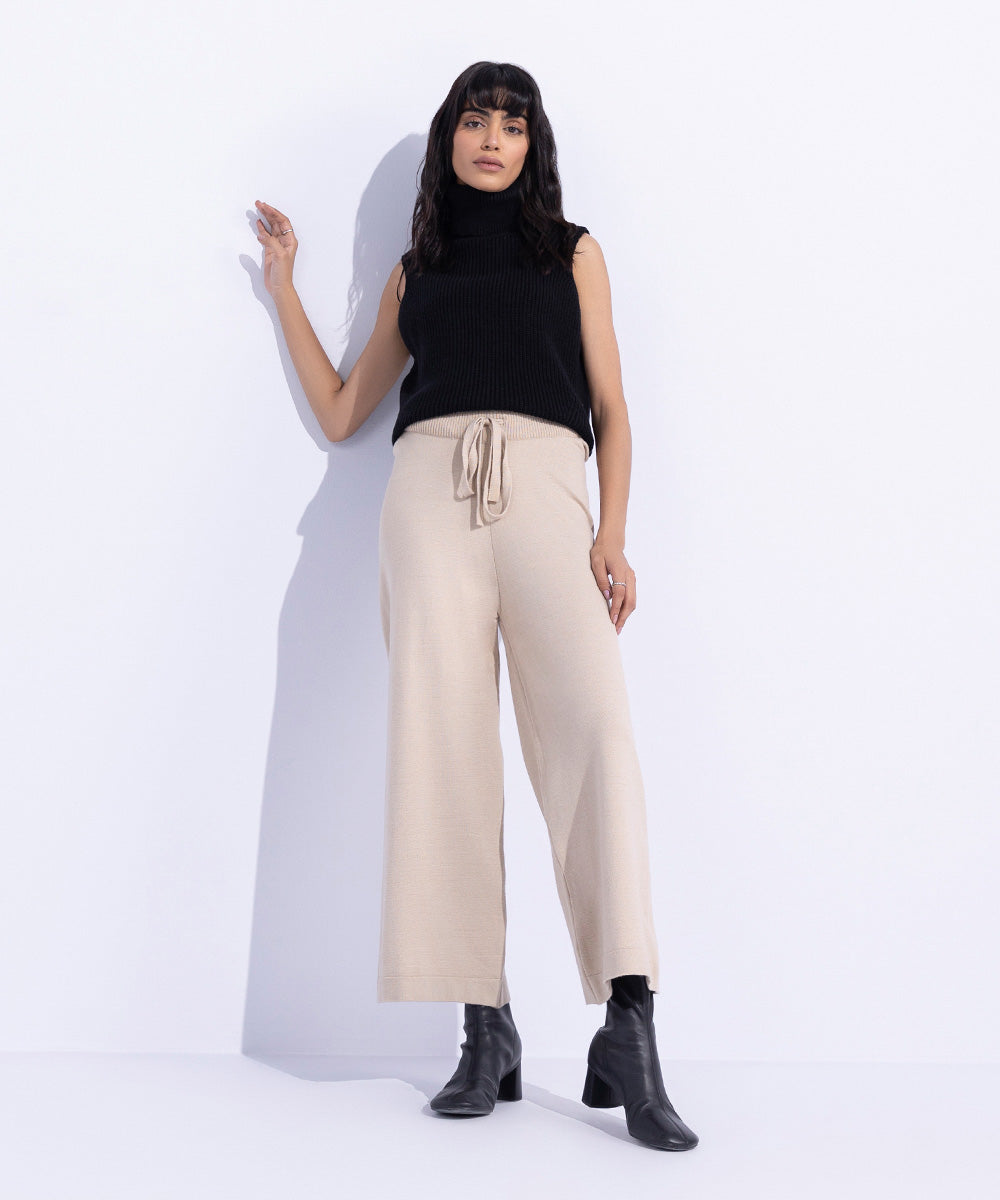 Women's Western Wear Beige Knitted Culotte Trousers