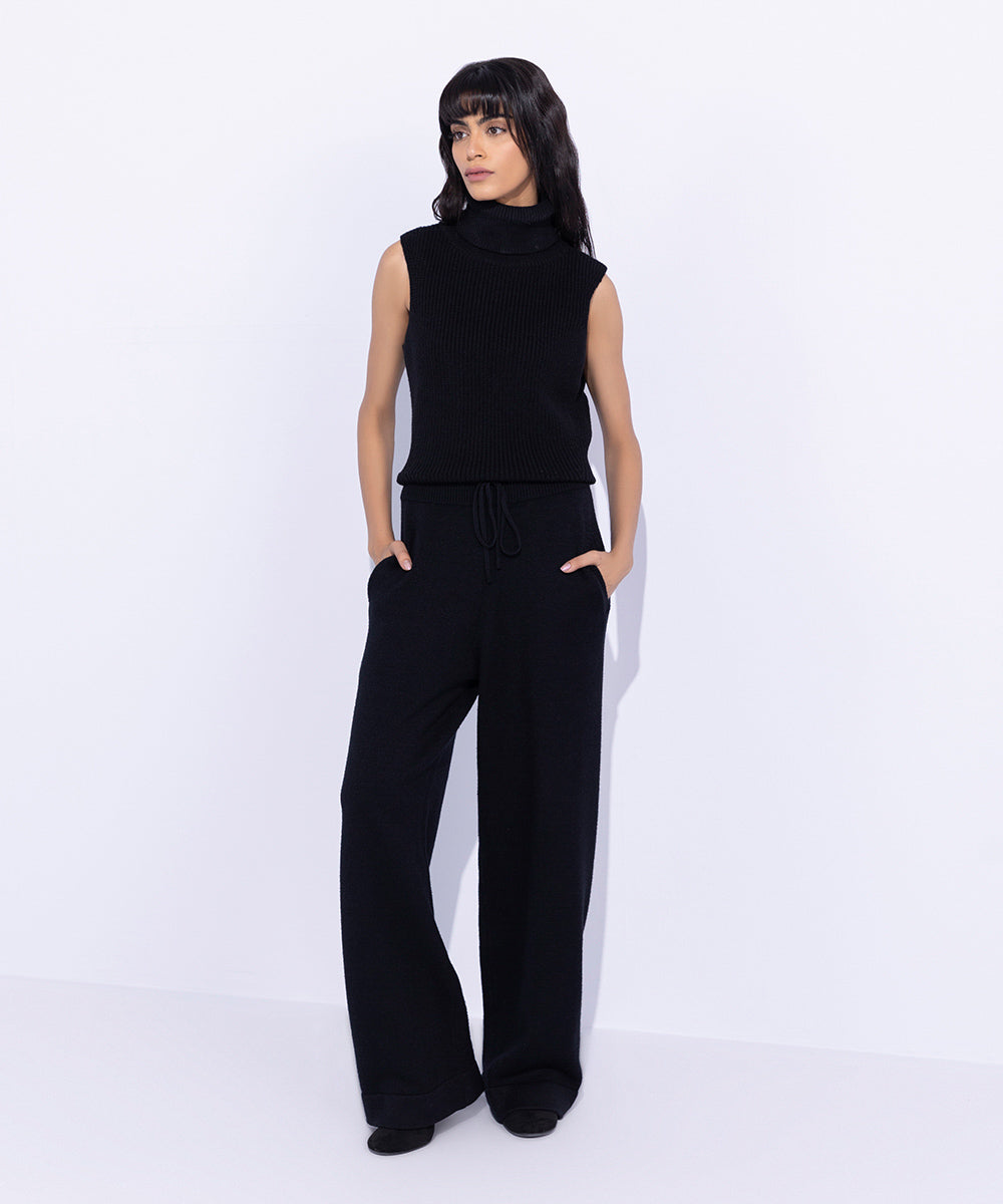 Women's Western Wear Black Long Knitted Trousers With Pockets