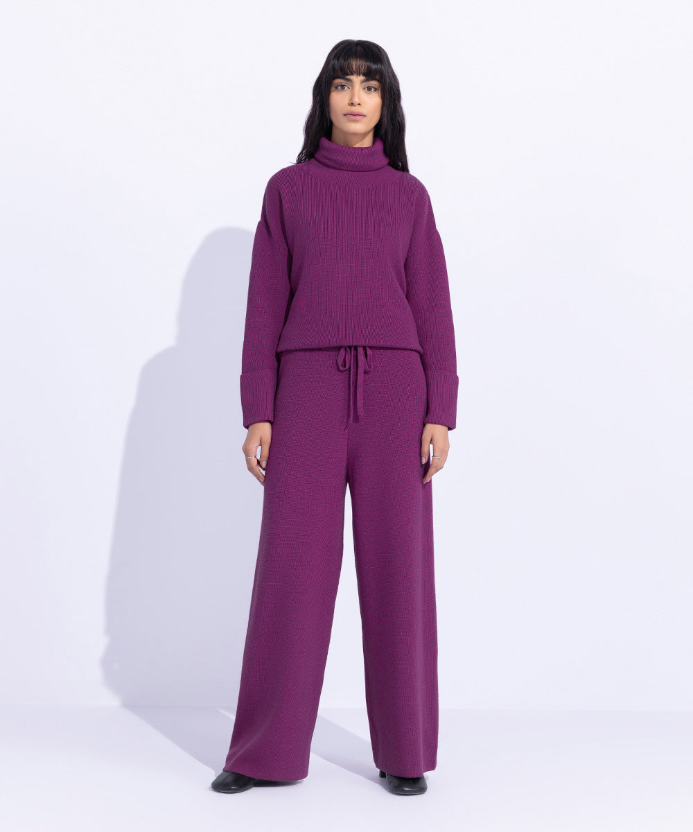 Women's Western Wear Purple Ribbed Knitted Trousers