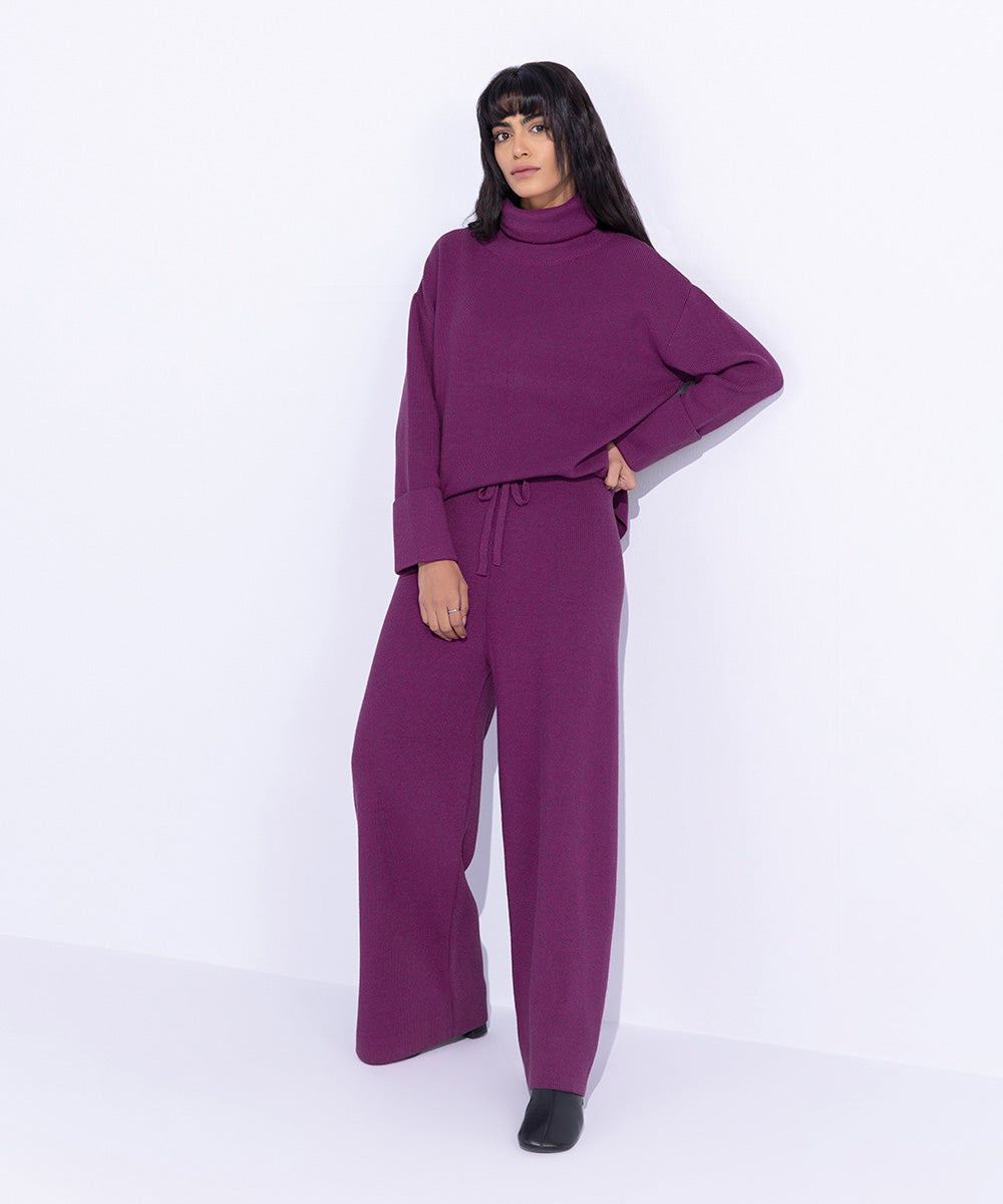 Women's Western Wear Purple Ribbed Knitted Trousers