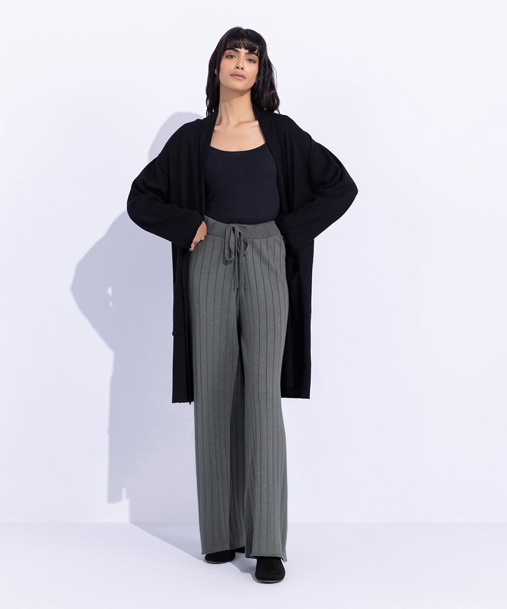 Women's Western Wear Grey Rib Knitted Trousers