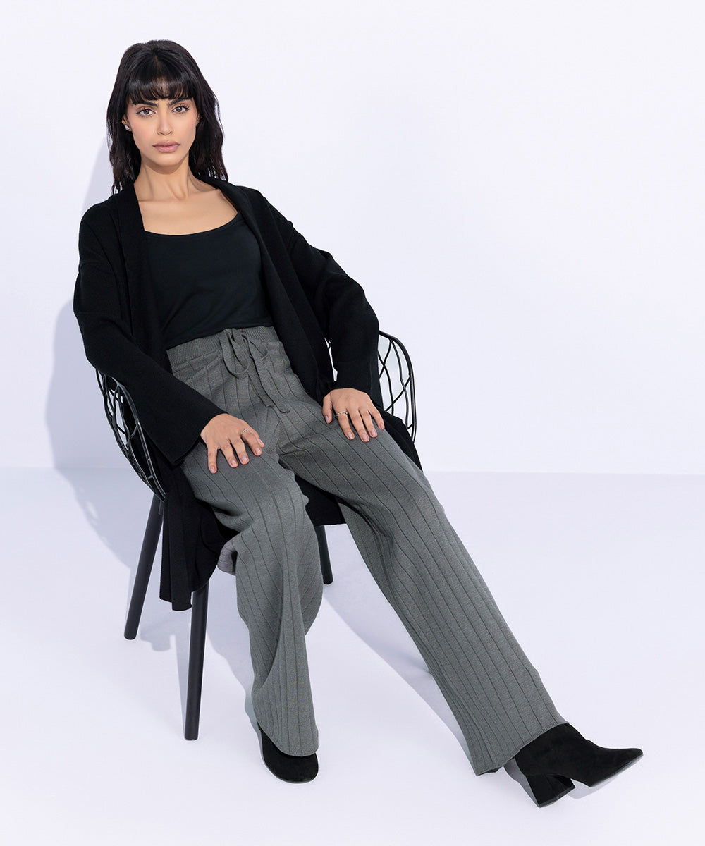 Women's Western Wear Grey Rib Knitted Trousers