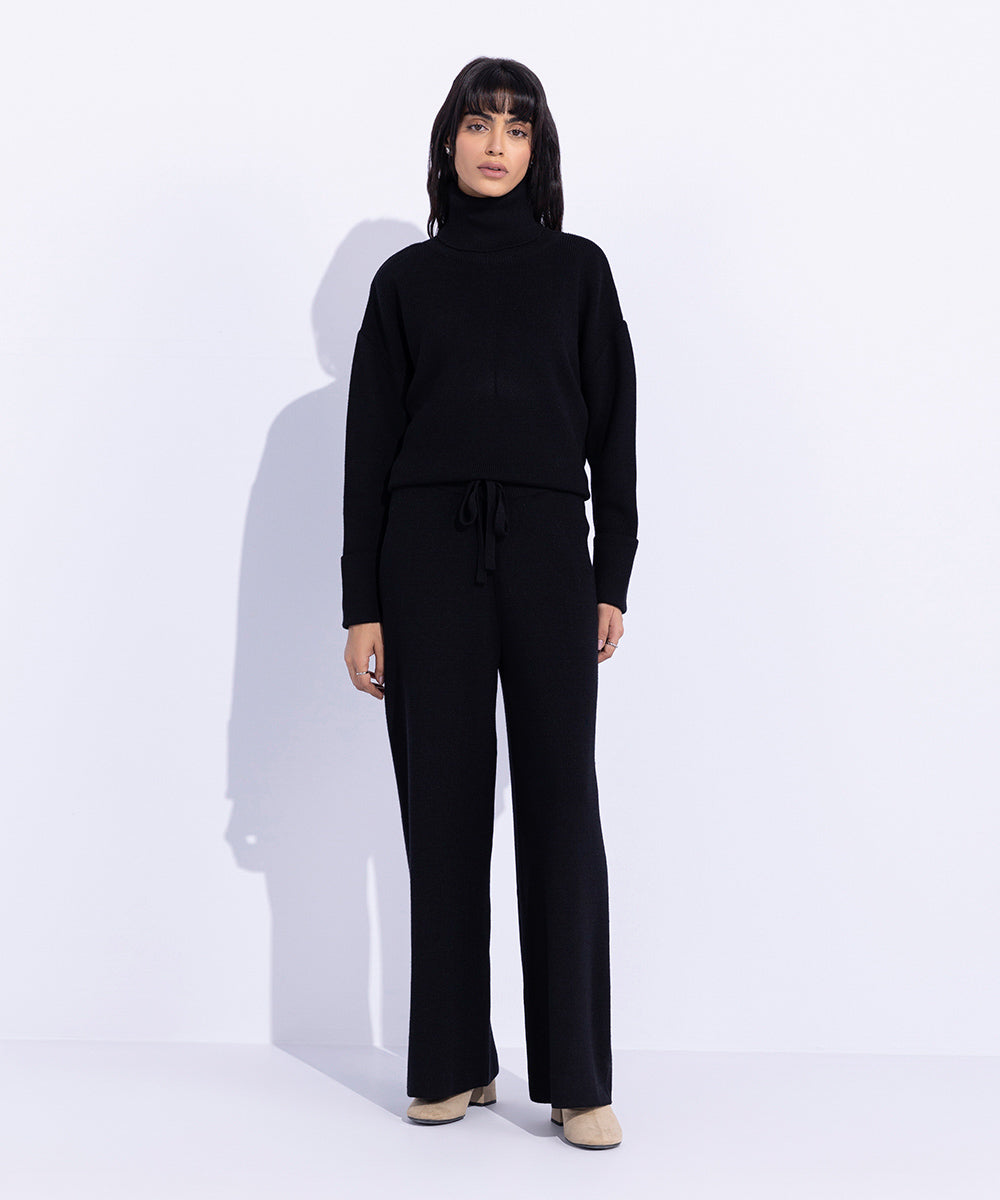 Women's Western Wear Black Ribbed Knitted Trousers