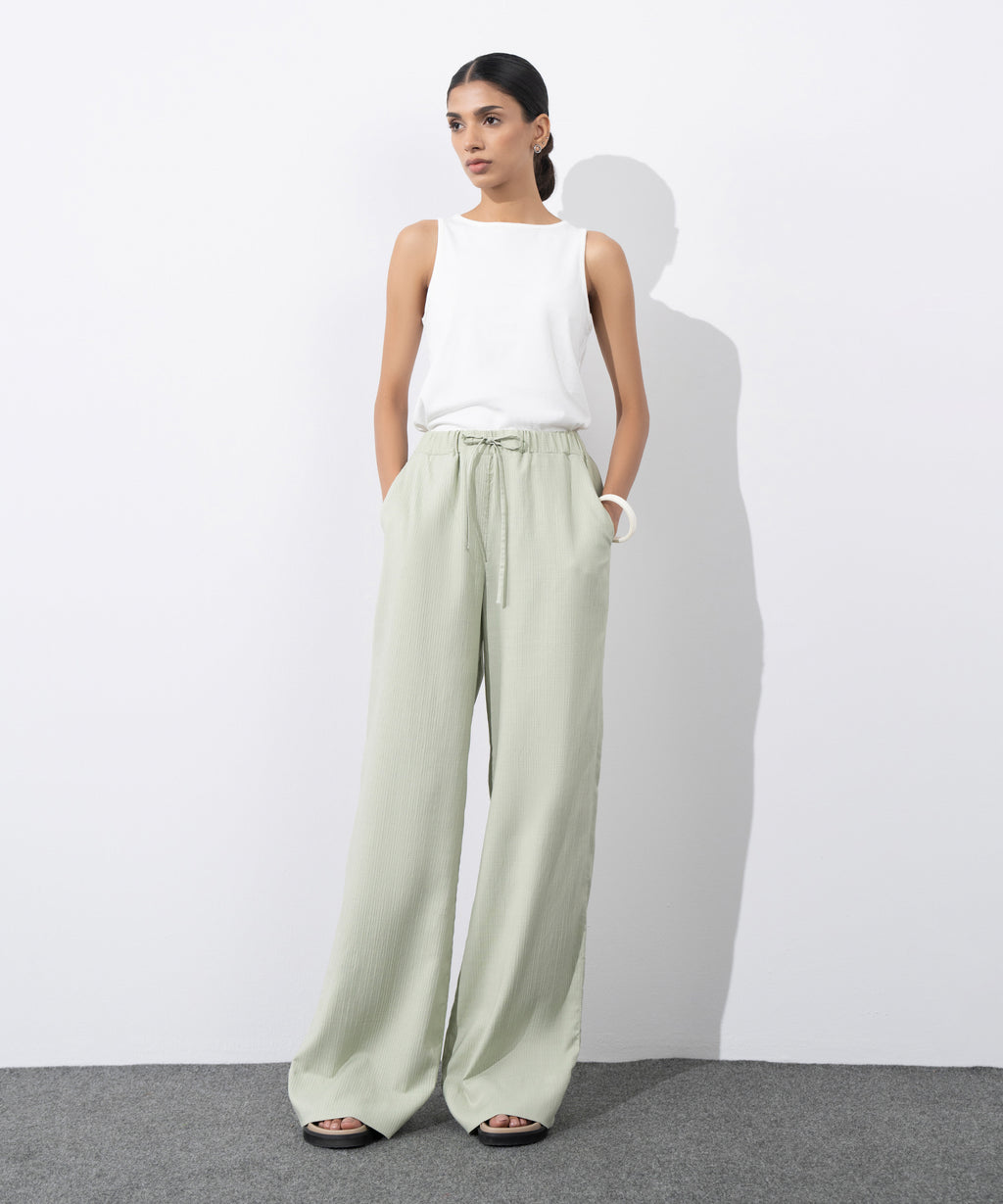 Wide-Leg Seersucker Trousers