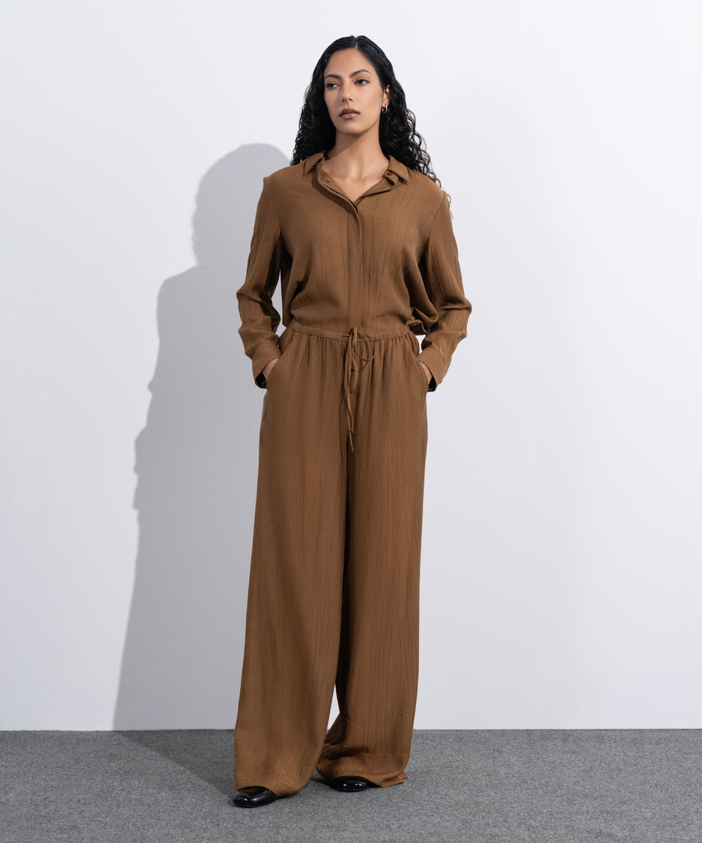 Women's Western Wear Brown Textured Wide-Leg Trousers
