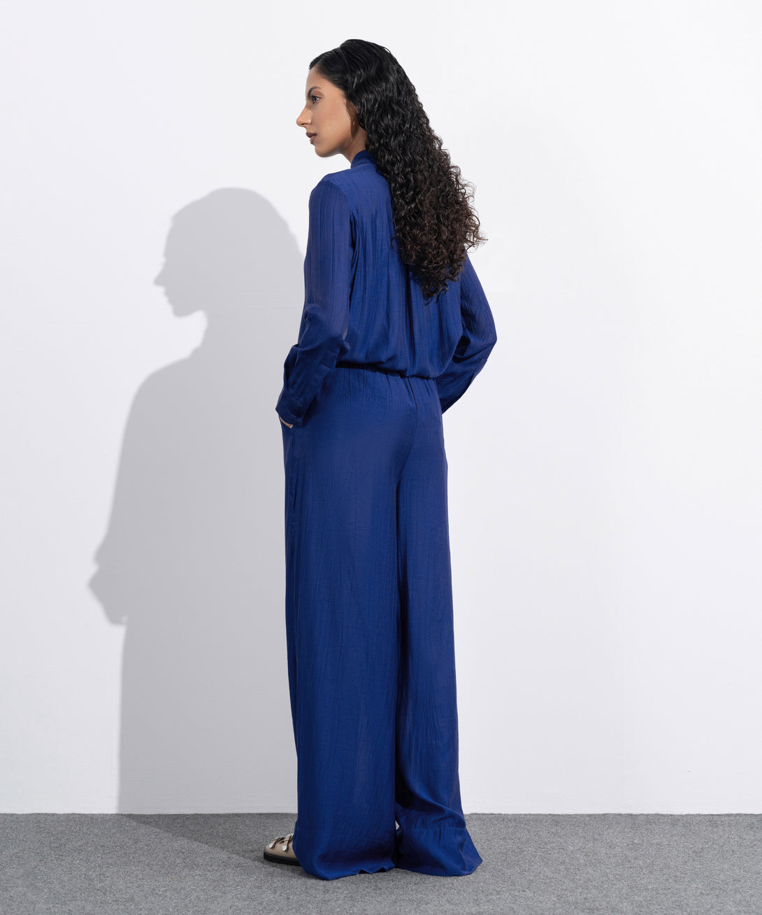 Women's Western Wear Blue Textured Wide-Leg Trousers