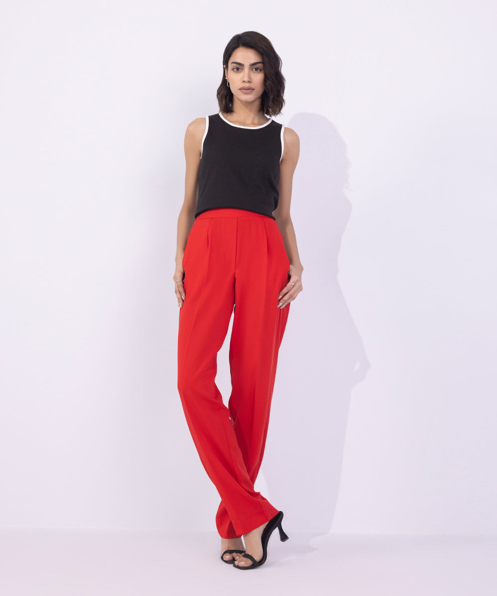 Women's Western Wear Red Slouchy Trousers With Side Panels