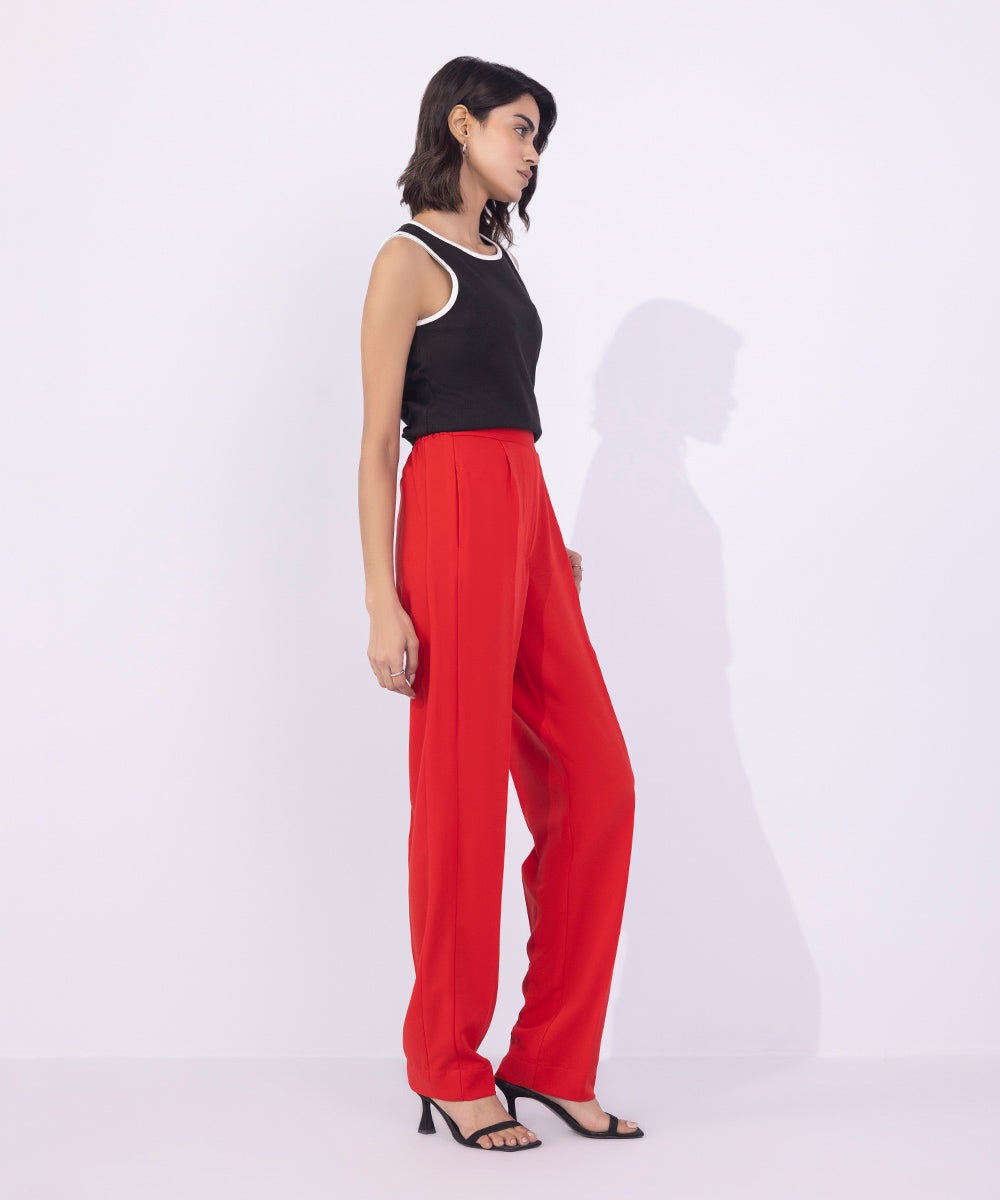 Women's Western Wear Red Slouchy Trousers With Side Panels