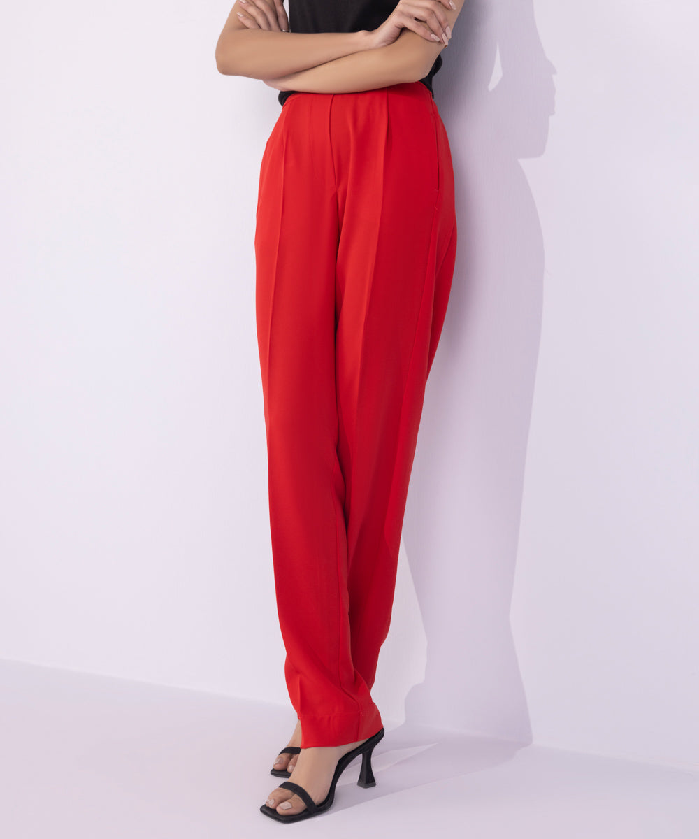 Women's Western Wear Red Slouchy Trousers With Side Panels