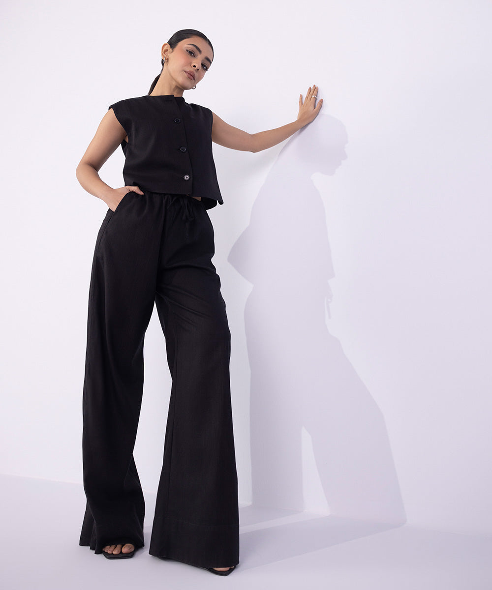 Women's Western Wear Black Wide-Leg Textured Trousers