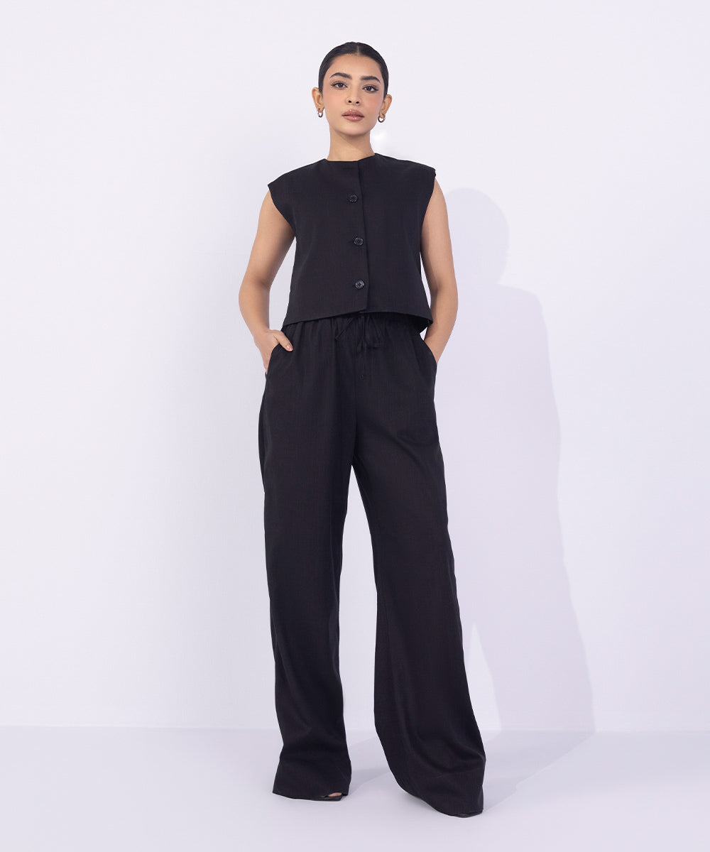 Women's Western Wear Black Wide-Leg Textured Trousers