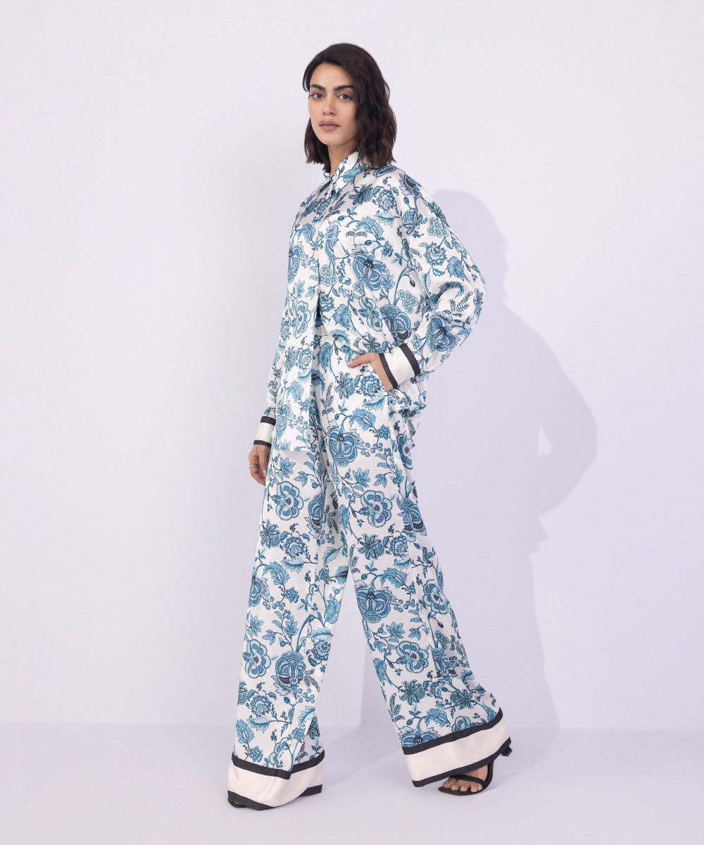 Women's Western Wear Blue Printed Wide-Leg Satin Trousers