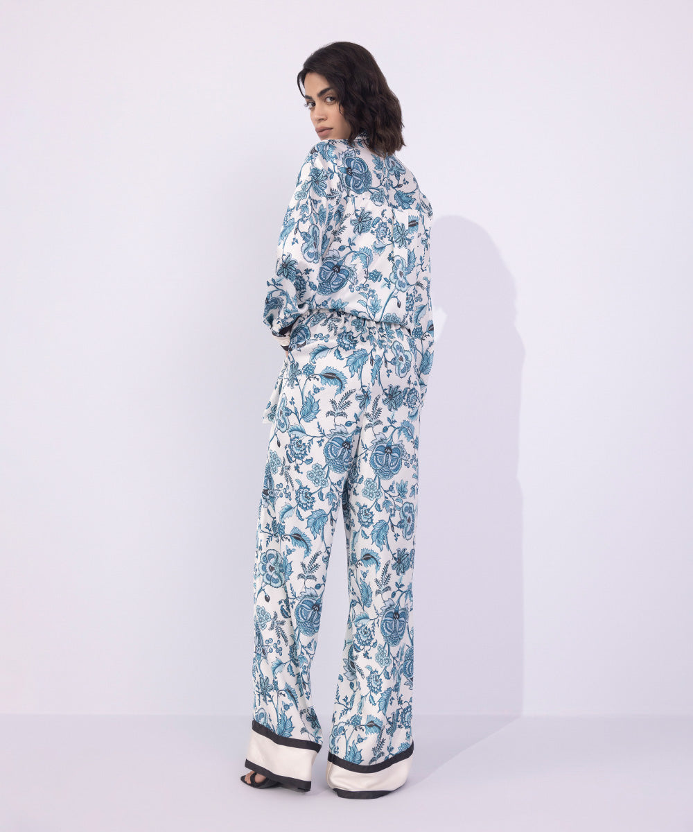 Women's Western Wear Blue Printed Wide-Leg Satin Trousers