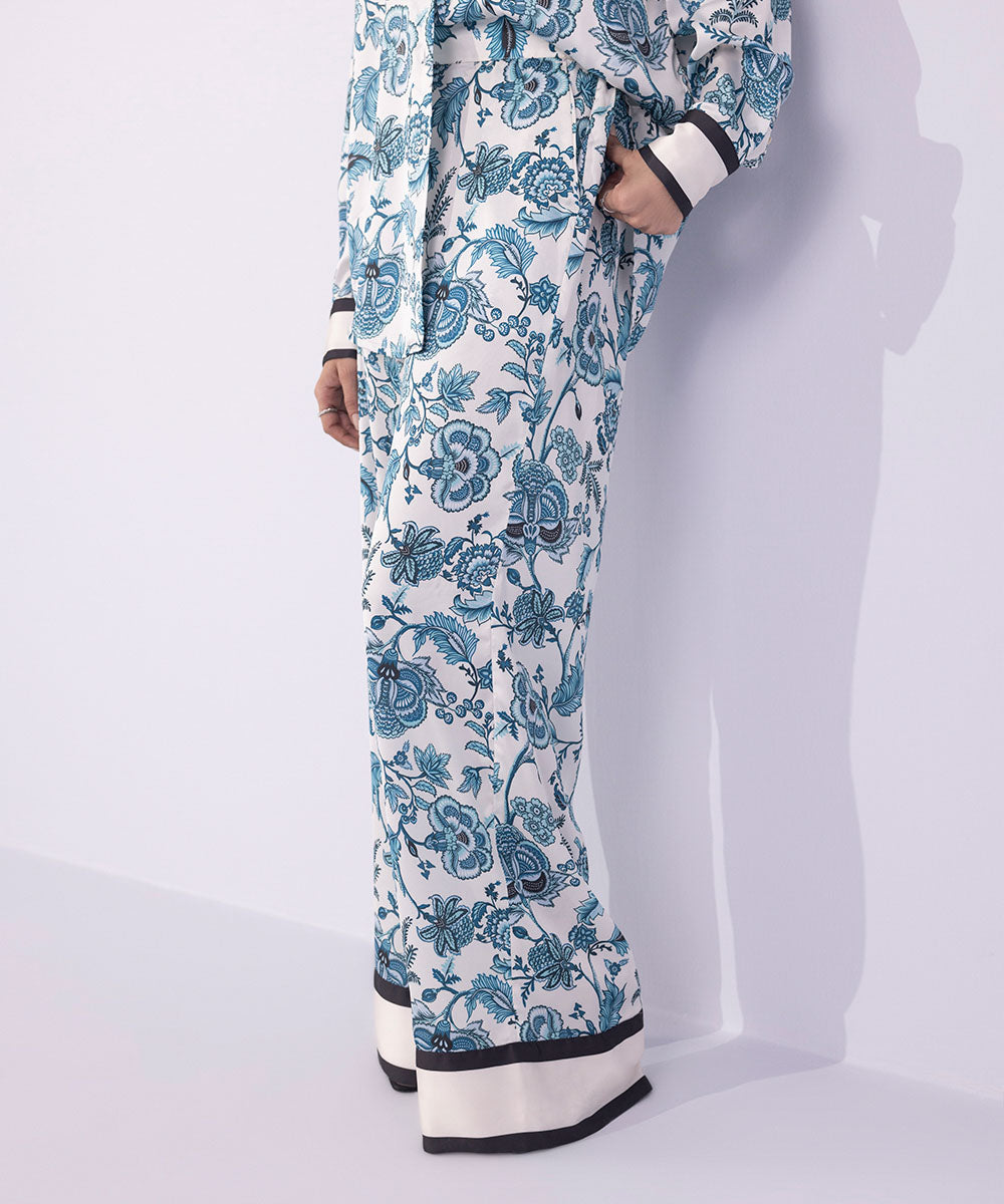 Women's Western Wear Blue Printed Wide-Leg Satin Trousers