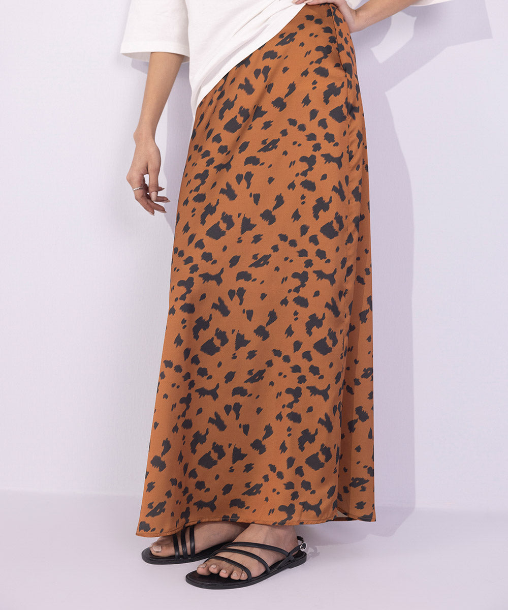 Women's Western Wear Brown Animal Print Satin Skirt