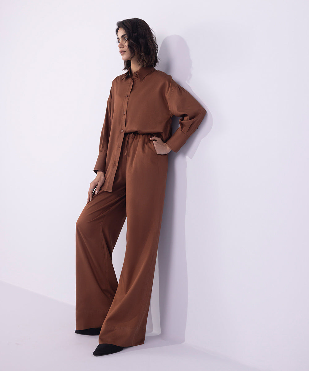 Women's Western Wear Brown Wide-Leg Cotton-Satin Trousers