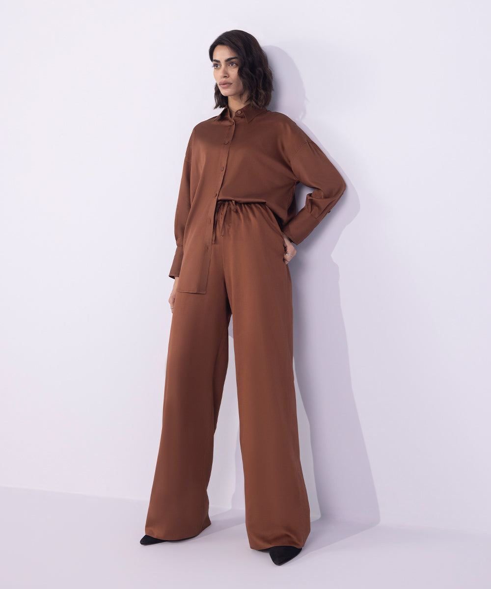 Women's Western Wear Brown Wide-Leg Cotton-Satin Trousers