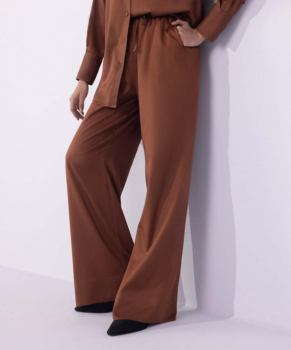 Women's Western Wear Brown Wide-Leg Cotton-Satin Trousers