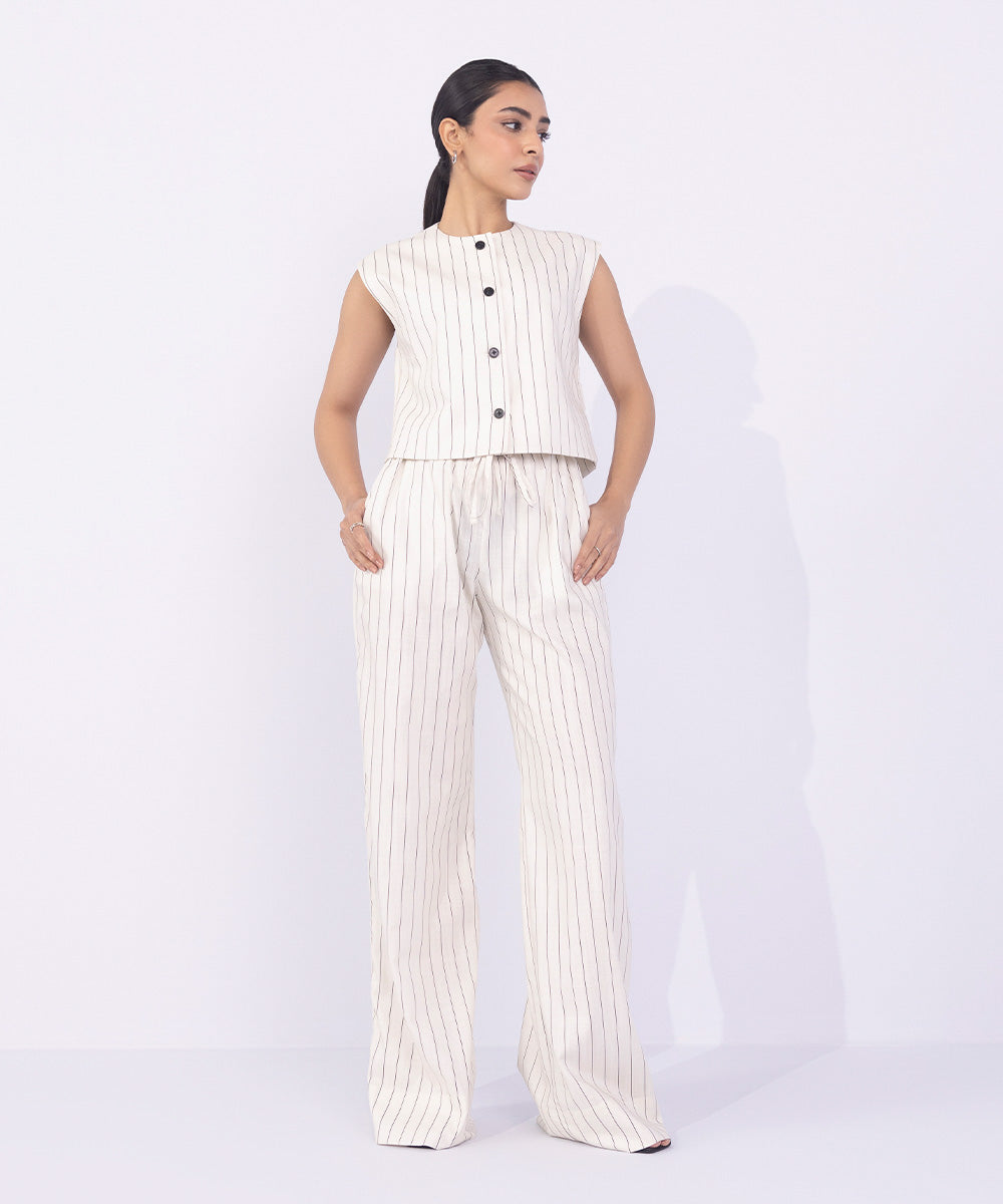 Women's Western Wear Off White Wide-Leg Textured Trousers