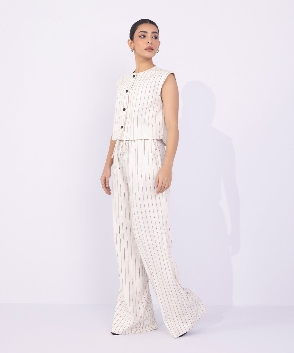 Women's Western Wear Off White Wide-Leg Textured Trousers