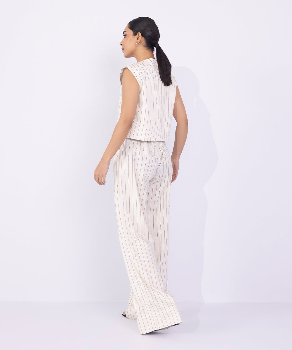 Women's Western Wear Off White Wide-Leg Textured Trousers