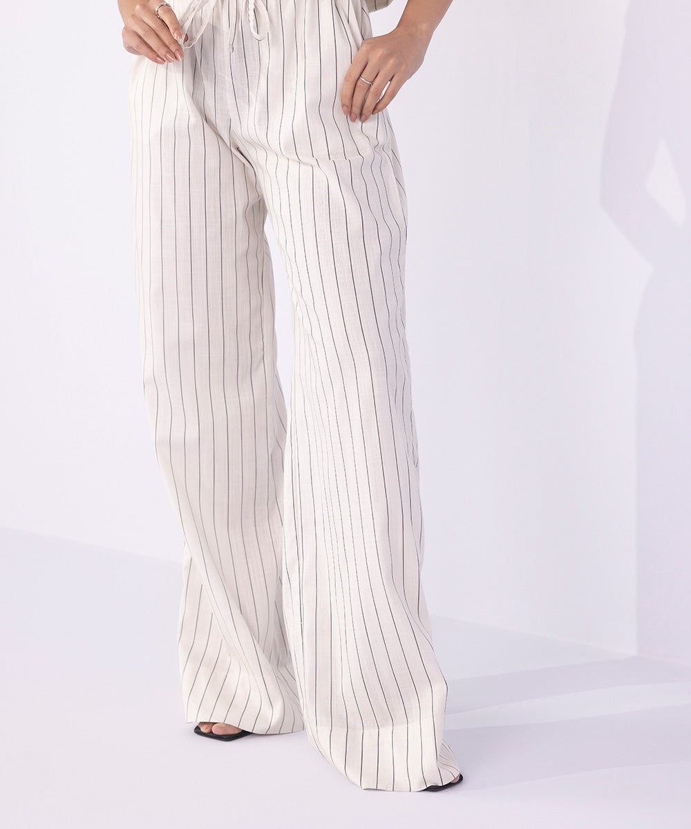 Women's Western Wear Off White Wide-Leg Textured Trousers