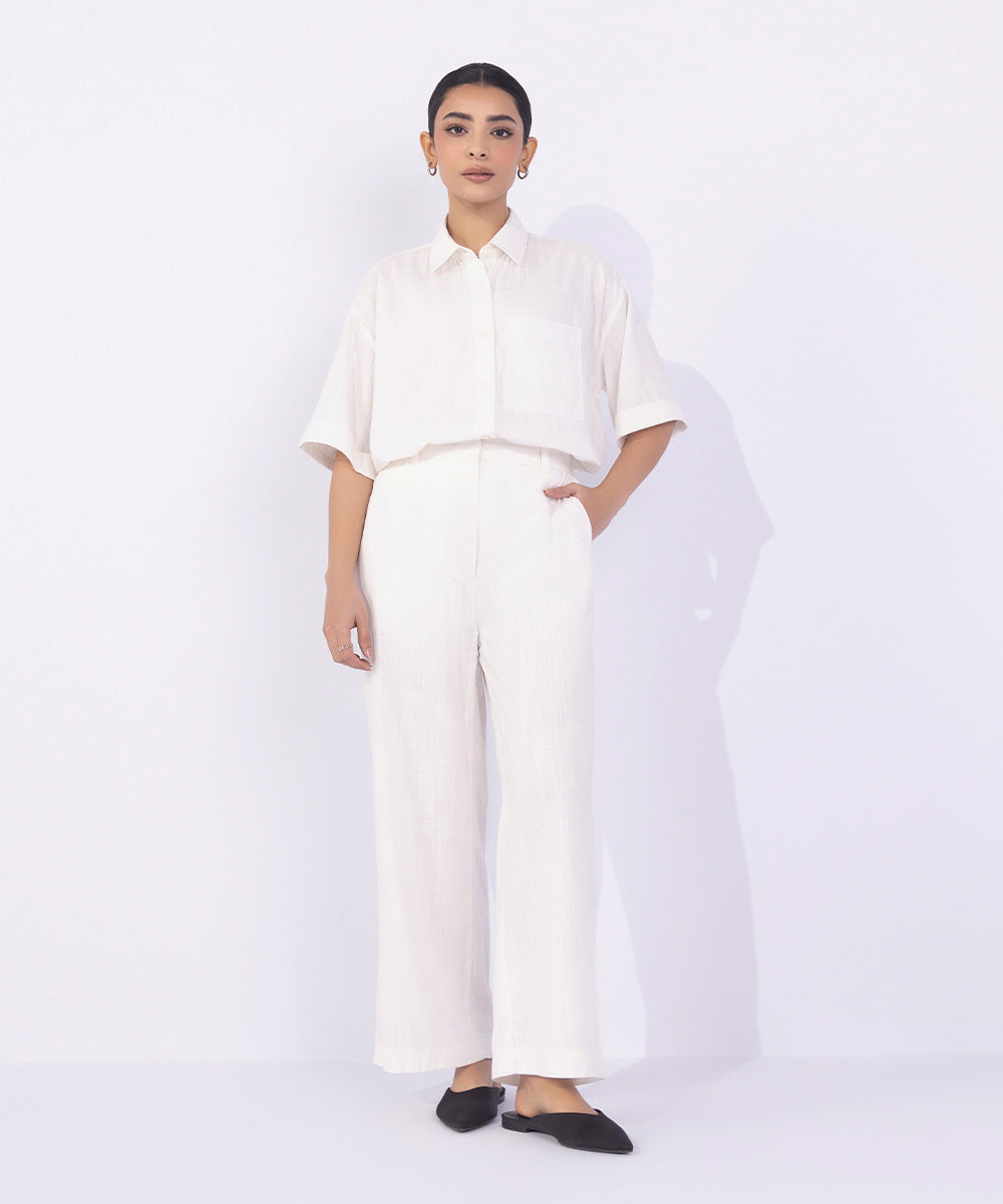 Women's Western Wear White Straight-Leg Textured Trousers