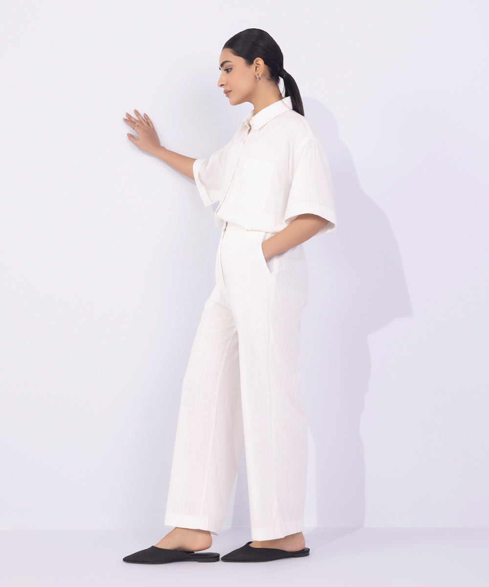 Women's Western Wear White Straight-Leg Textured Trousers