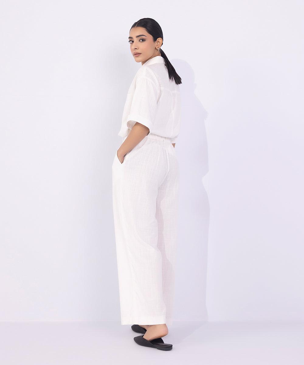 Women's Western Wear White Straight-Leg Textured Trousers