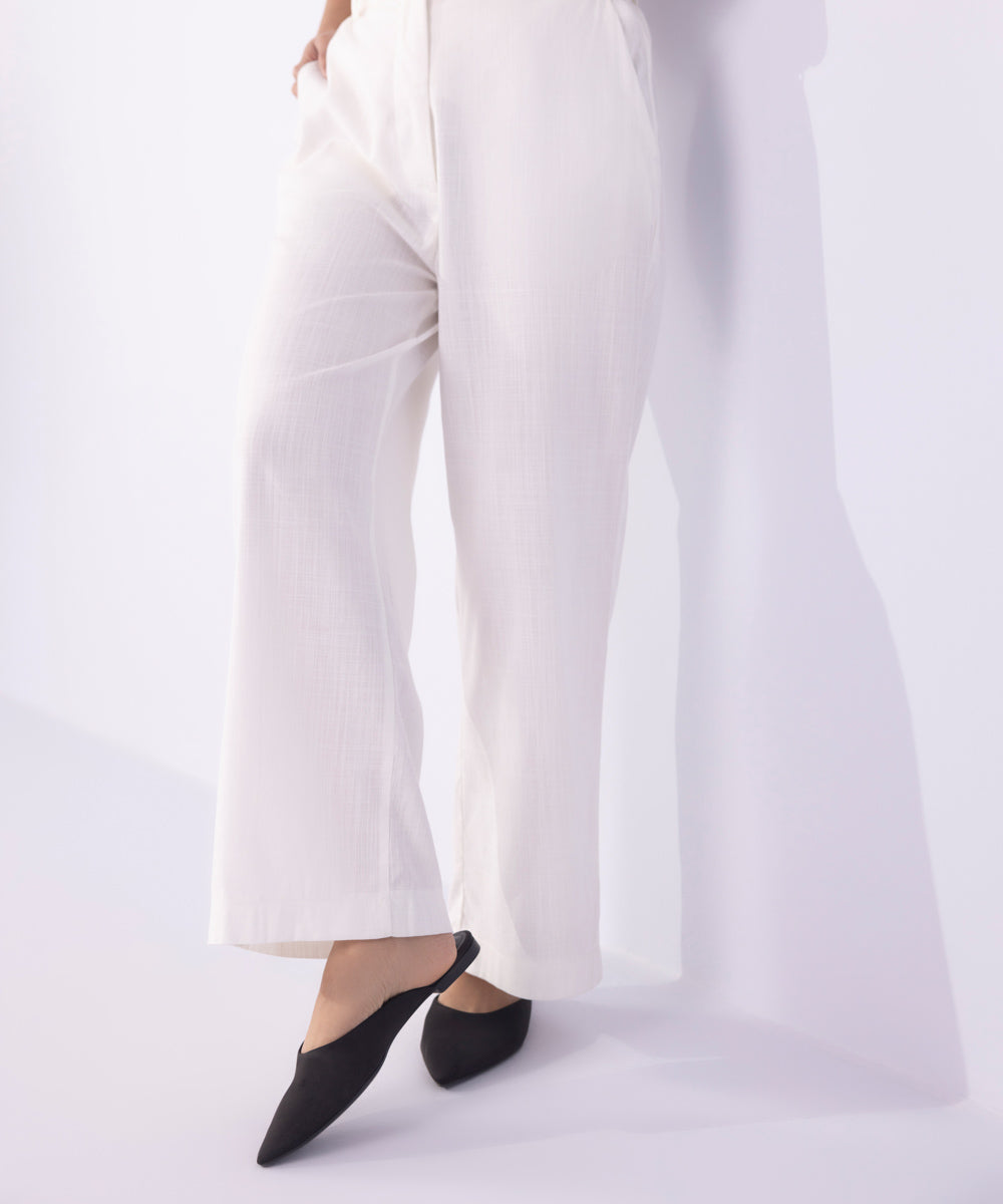 Women's Western Wear White Straight-Leg Textured Trousers