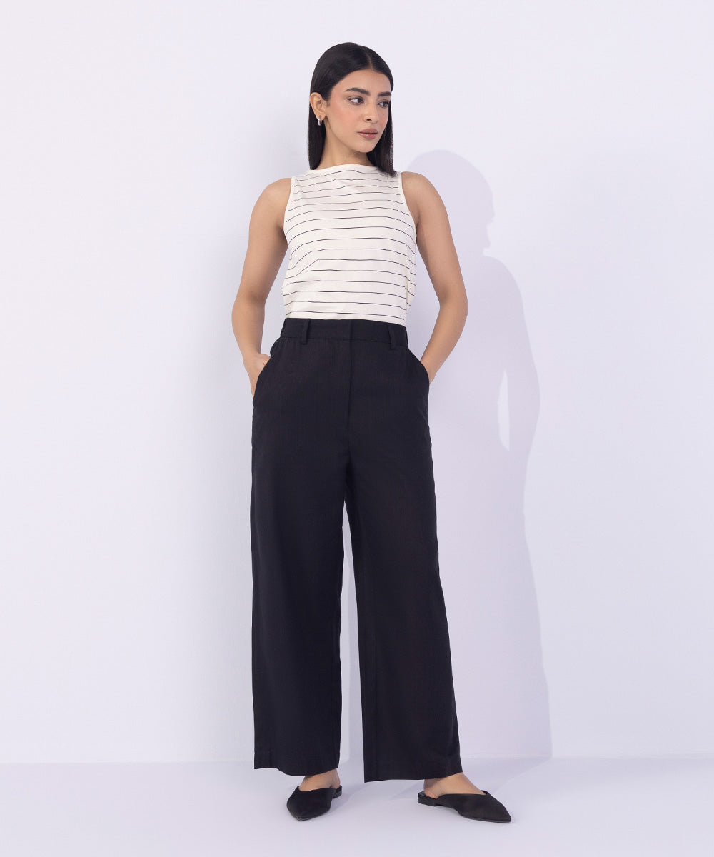 Women's Western Wear Black Straight-Fit Textured Trousers