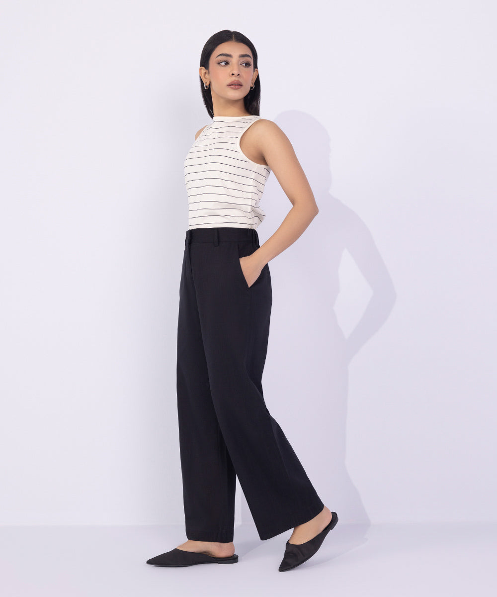 Women's Western Wear Black Straight-Fit Textured Trousers