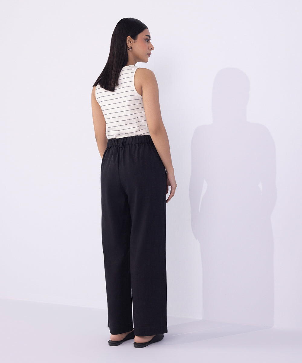 Women's Western Wear Black Straight-Fit Textured Trousers