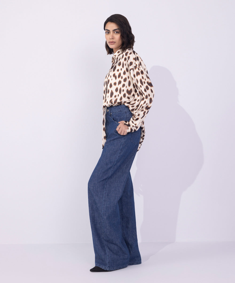 Women's Western Wear Blue Straight-Fit Denim Trousers