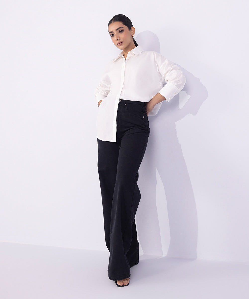 Women's Western Wear Black Straight-Fit Twill Cotton Trousers