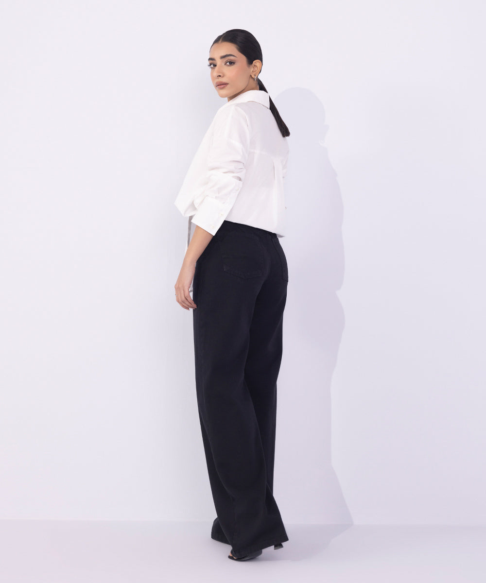 Women's Western Wear Black Straight-Fit Twill Cotton Trousers