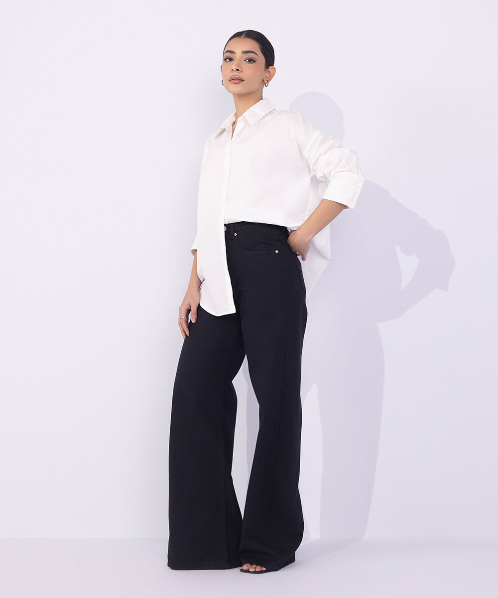 Women's Western Wear Black Straight-Fit Twill Cotton Trousers