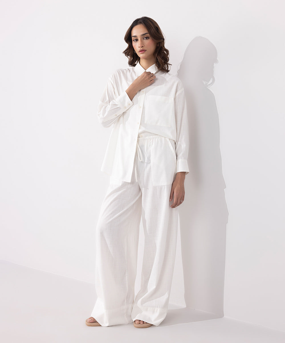 Women's Western Wear White Wide Leg Textured Trousers