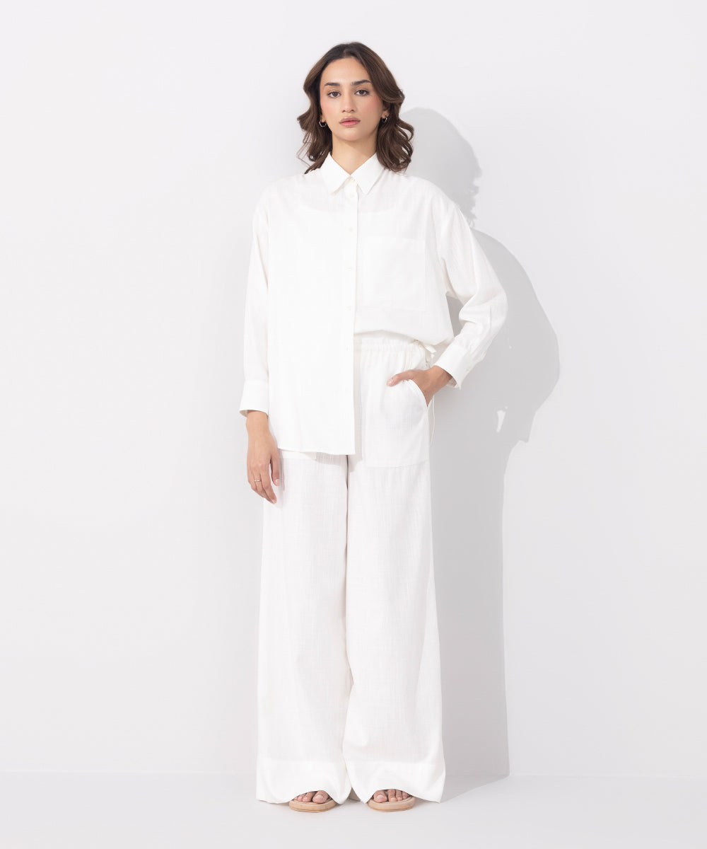 Women's Western Wear White Wide Leg Textured Trousers