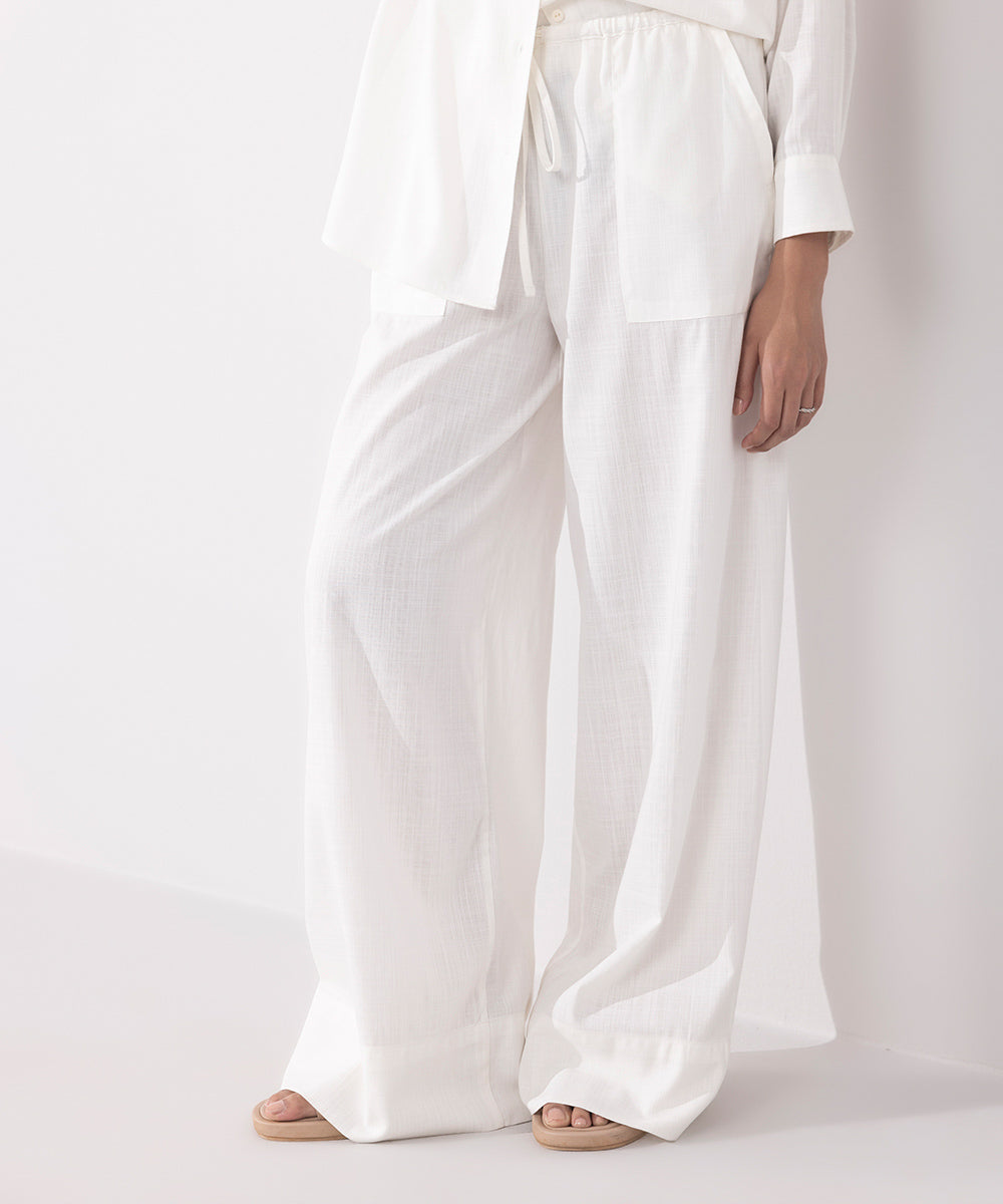 Women's Western Wear White Wide Leg Textured Trousers